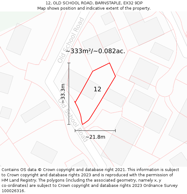 12, OLD SCHOOL ROAD, BARNSTAPLE, EX32 9DP: Plot and title map