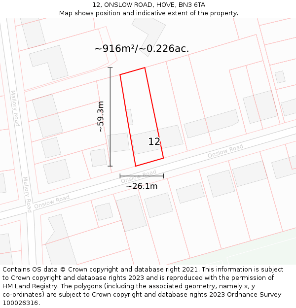 12, ONSLOW ROAD, HOVE, BN3 6TA: Plot and title map