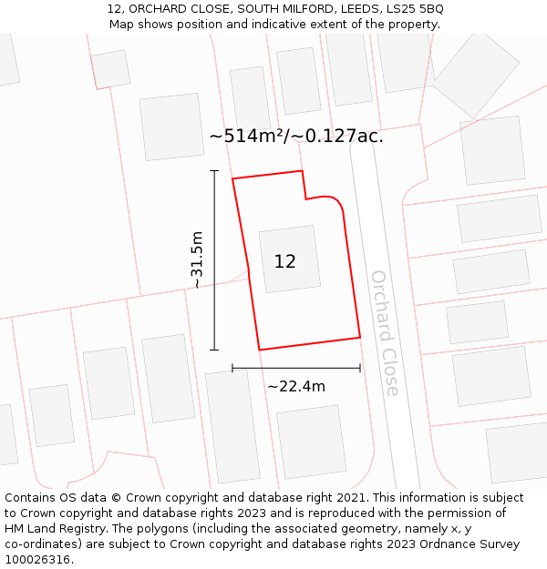 12, ORCHARD CLOSE, SOUTH MILFORD, LEEDS, LS25 5BQ: Plot and title map