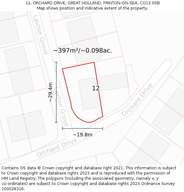 12, ORCHARD DRIVE, GREAT HOLLAND, FRINTON-ON-SEA, CO13 0SB: Plot and title map