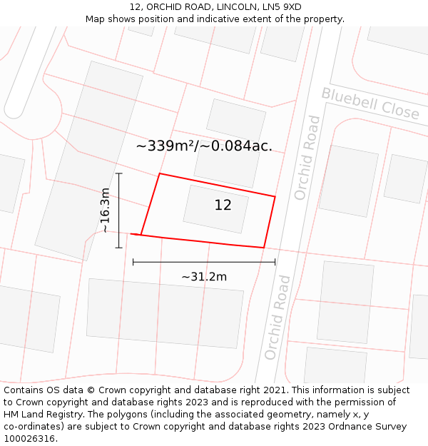 12, ORCHID ROAD, LINCOLN, LN5 9XD: Plot and title map