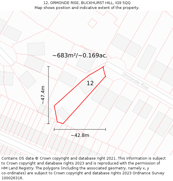 12, ORMONDE RISE, BUCKHURST HILL, IG9 5QQ: Plot and title map