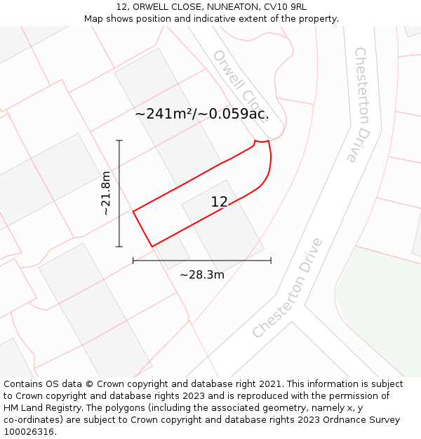 12, ORWELL CLOSE, NUNEATON, CV10 9RL: Plot and title map