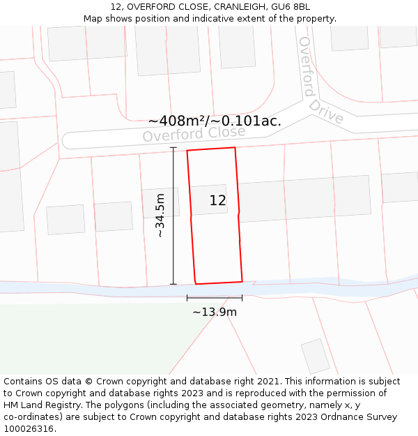 12, OVERFORD CLOSE, CRANLEIGH, GU6 8BL: Plot and title map