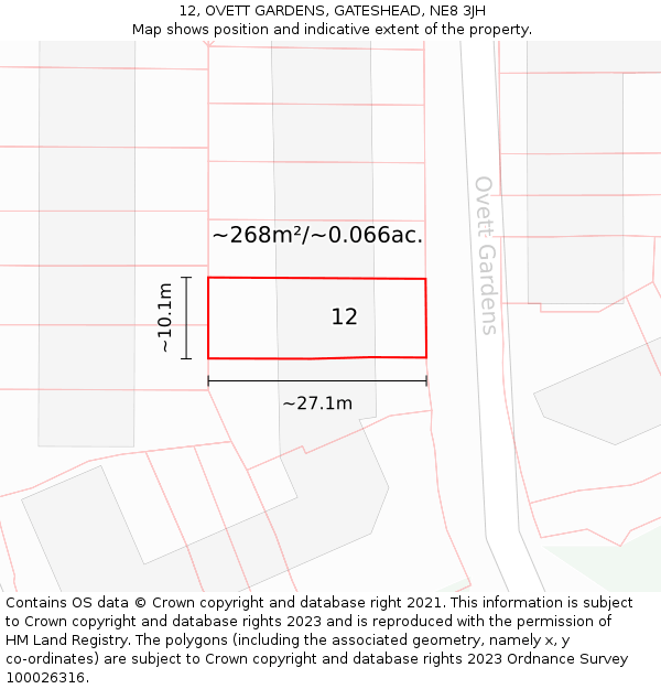 12, OVETT GARDENS, GATESHEAD, NE8 3JH: Plot and title map