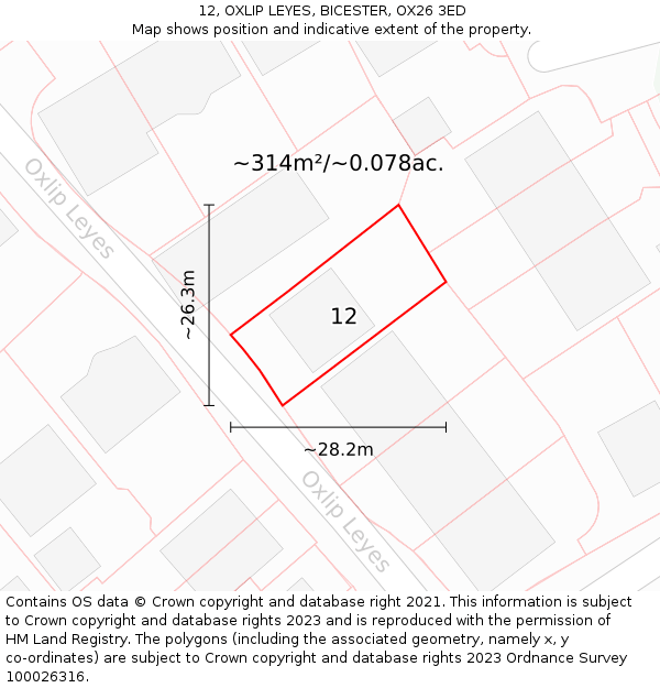 12, OXLIP LEYES, BICESTER, OX26 3ED: Plot and title map