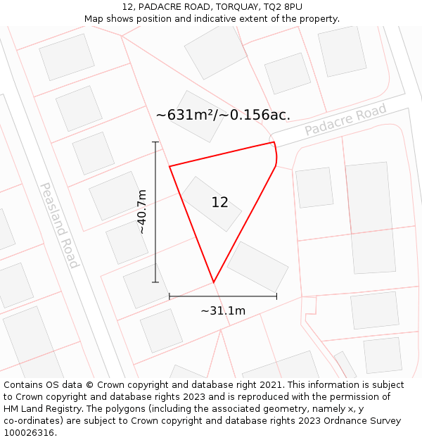 12, PADACRE ROAD, TORQUAY, TQ2 8PU: Plot and title map