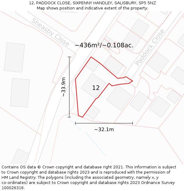 12, PADDOCK CLOSE, SIXPENNY HANDLEY, SALISBURY, SP5 5NZ: Plot and title map