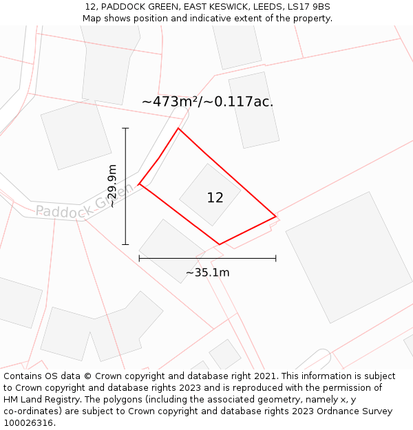 12, PADDOCK GREEN, EAST KESWICK, LEEDS, LS17 9BS: Plot and title map