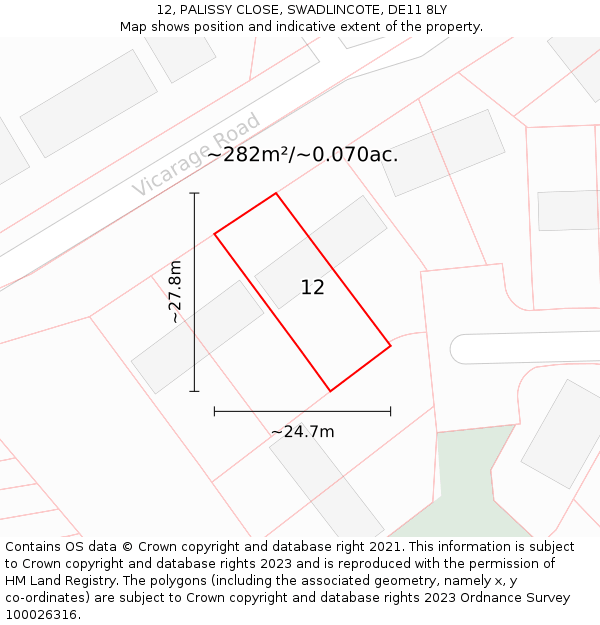 12, PALISSY CLOSE, SWADLINCOTE, DE11 8LY: Plot and title map