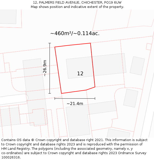 12, PALMERS FIELD AVENUE, CHICHESTER, PO19 6UW: Plot and title map