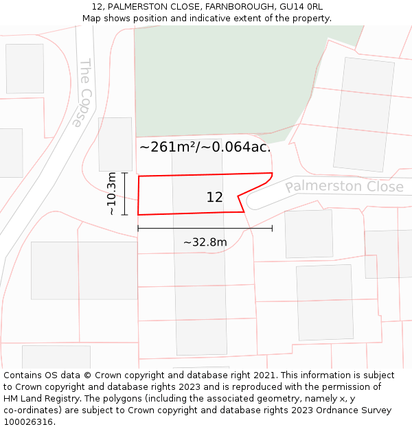 12, PALMERSTON CLOSE, FARNBOROUGH, GU14 0RL: Plot and title map