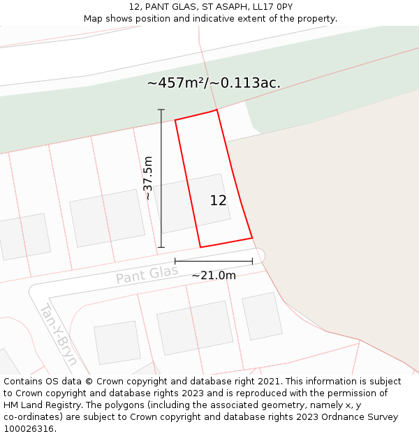 12, PANT GLAS, ST ASAPH, LL17 0PY: Plot and title map