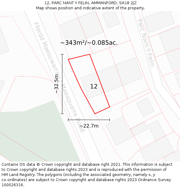 12, PARC NANT Y FELIN, AMMANFORD, SA18 2JZ: Plot and title map