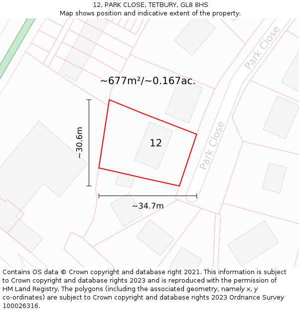 12, PARK CLOSE, TETBURY, GL8 8HS: Plot and title map