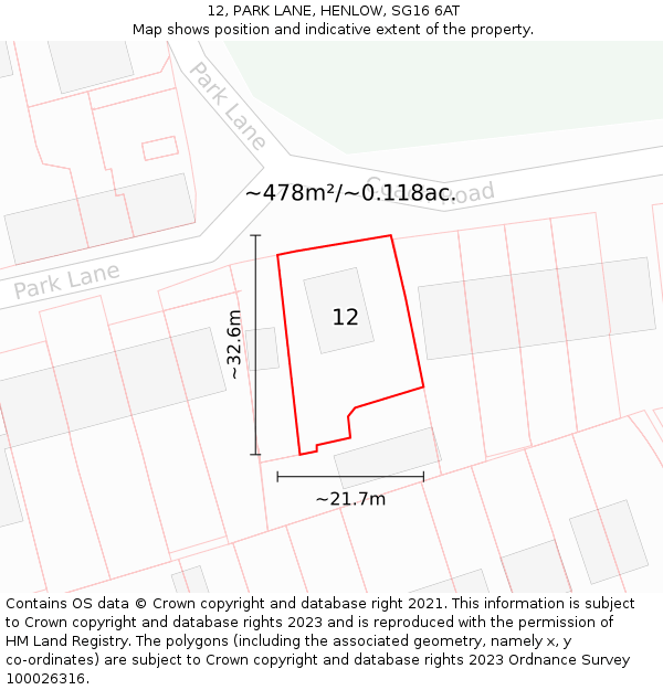 12, PARK LANE, HENLOW, SG16 6AT: Plot and title map