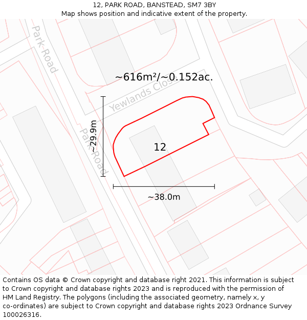 12, PARK ROAD, BANSTEAD, SM7 3BY: Plot and title map