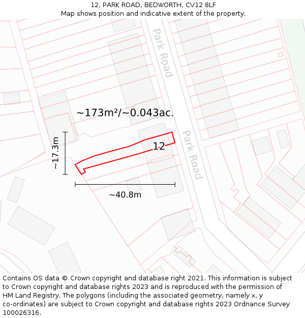 12, PARK ROAD, BEDWORTH, CV12 8LF: Plot and title map