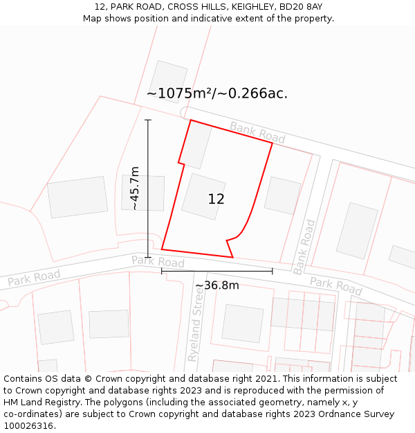 12, PARK ROAD, CROSS HILLS, KEIGHLEY, BD20 8AY: Plot and title map