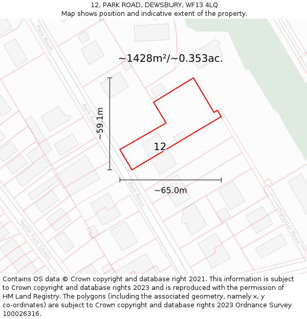 12, PARK ROAD, DEWSBURY, WF13 4LQ: Plot and title map