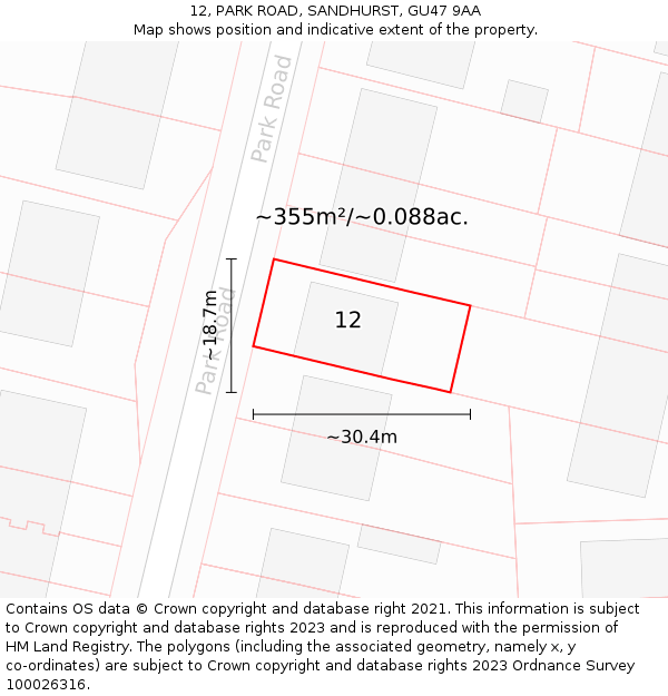 12, PARK ROAD, SANDHURST, GU47 9AA: Plot and title map