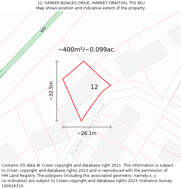 12, PARKER BOWLES DRIVE, MARKET DRAYTON, TF9 3EU: Plot and title map