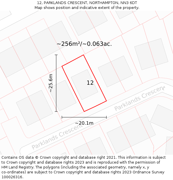 12, PARKLANDS CRESCENT, NORTHAMPTON, NN3 6DT: Plot and title map