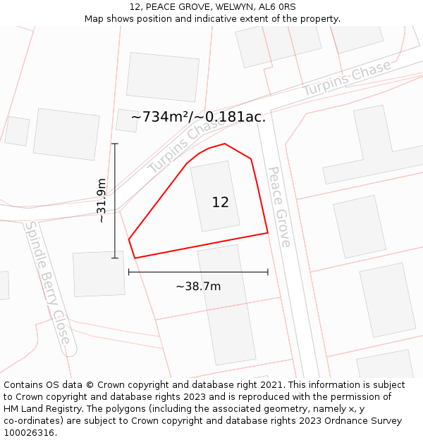 12, PEACE GROVE, WELWYN, AL6 0RS: Plot and title map