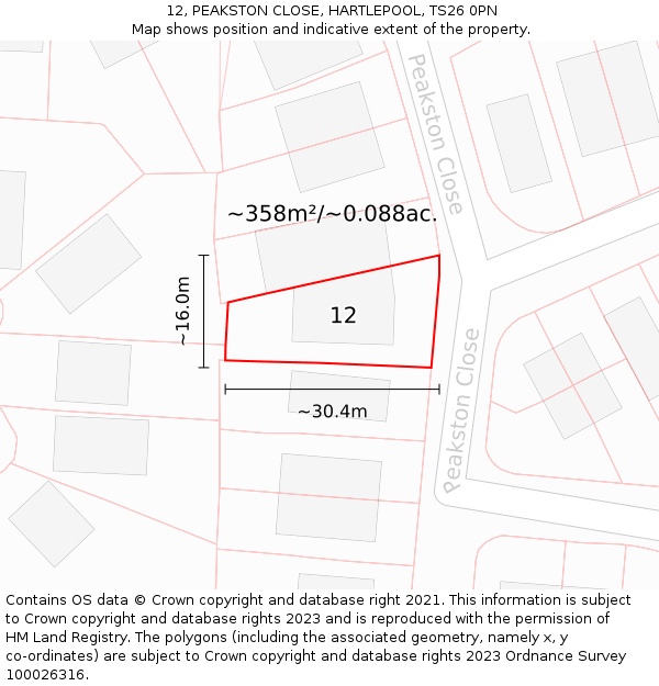 12, PEAKSTON CLOSE, HARTLEPOOL, TS26 0PN: Plot and title map