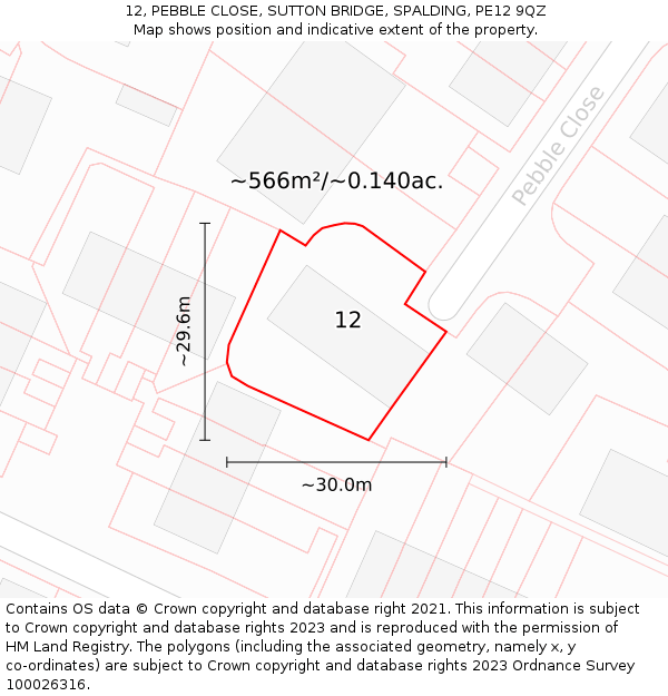 12, PEBBLE CLOSE, SUTTON BRIDGE, SPALDING, PE12 9QZ: Plot and title map