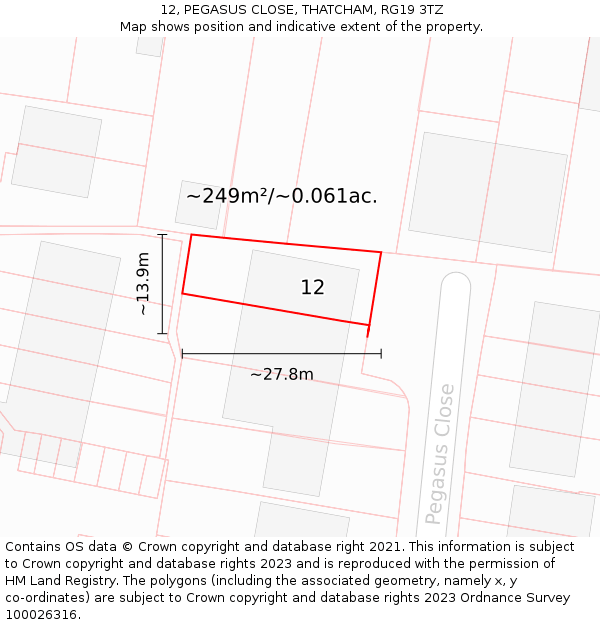 12, PEGASUS CLOSE, THATCHAM, RG19 3TZ: Plot and title map