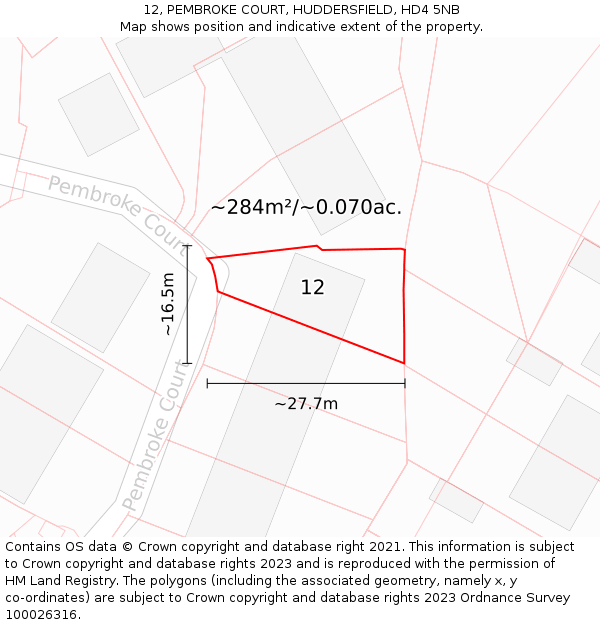 12, PEMBROKE COURT, HUDDERSFIELD, HD4 5NB: Plot and title map