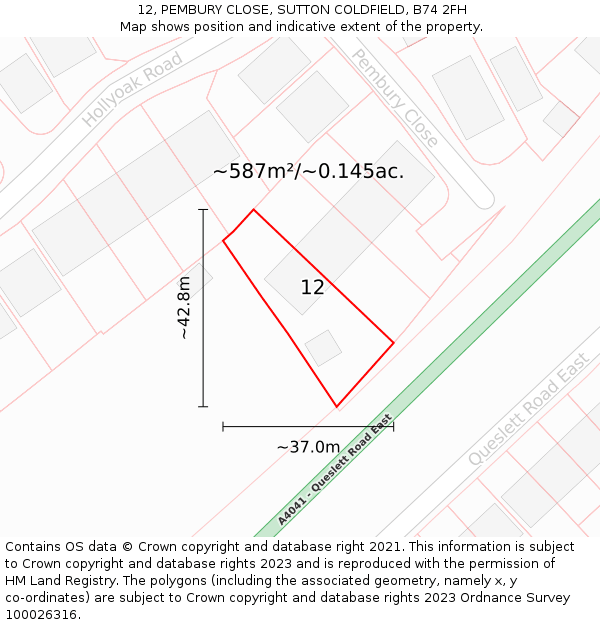 12, PEMBURY CLOSE, SUTTON COLDFIELD, B74 2FH: Plot and title map