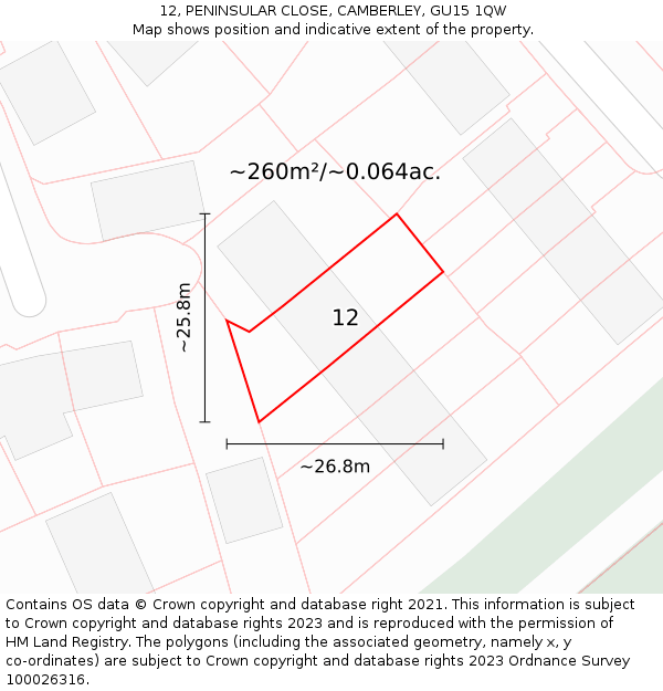 12, PENINSULAR CLOSE, CAMBERLEY, GU15 1QW: Plot and title map