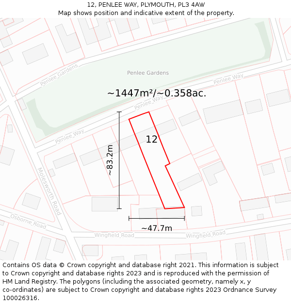 12, PENLEE WAY, PLYMOUTH, PL3 4AW: Plot and title map