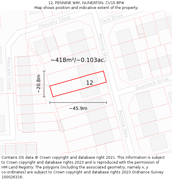 12, PENNINE WAY, NUNEATON, CV10 8PW: Plot and title map