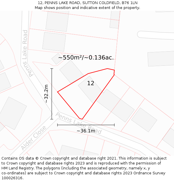 12, PENNS LAKE ROAD, SUTTON COLDFIELD, B76 1LN: Plot and title map