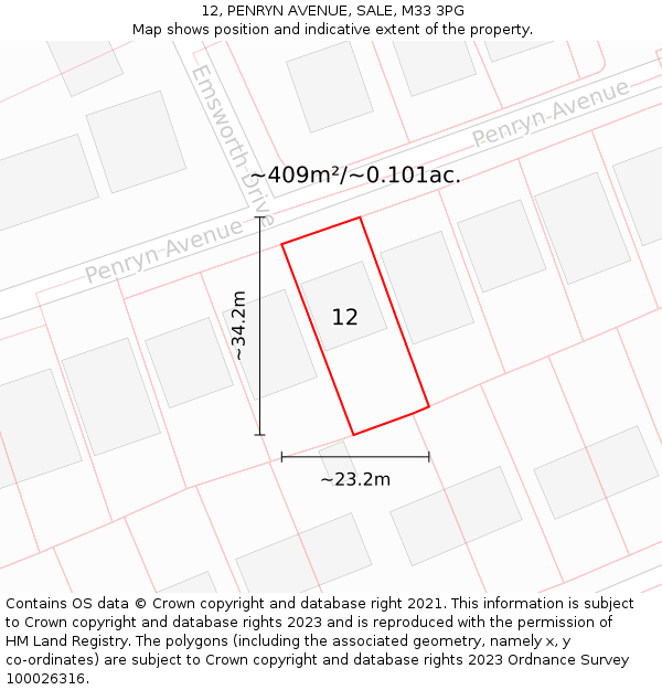 12, PENRYN AVENUE, SALE, M33 3PG: Plot and title map