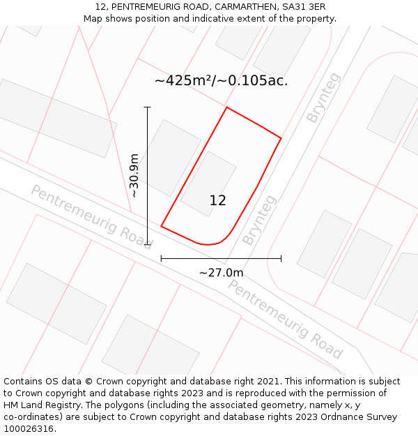 12, PENTREMEURIG ROAD, CARMARTHEN, SA31 3ER: Plot and title map