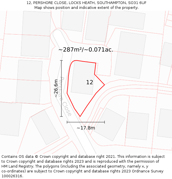 12, PERSHORE CLOSE, LOCKS HEATH, SOUTHAMPTON, SO31 6UF: Plot and title map