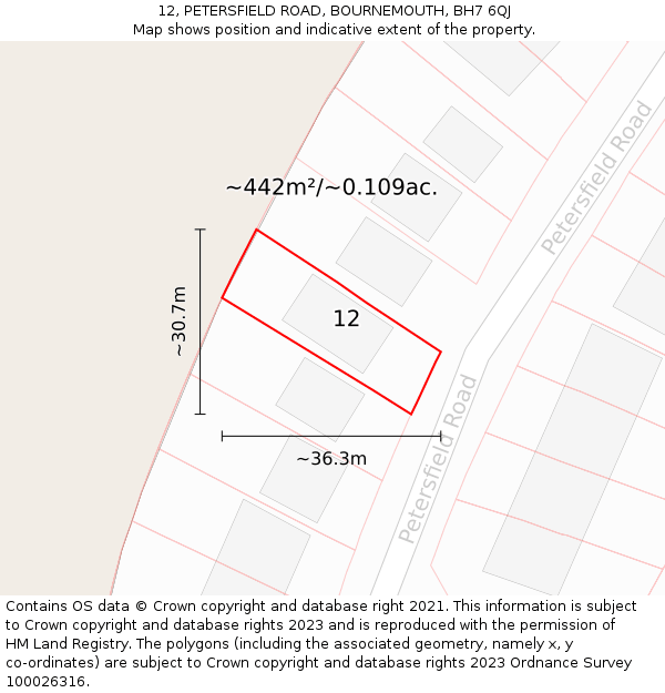 12, PETERSFIELD ROAD, BOURNEMOUTH, BH7 6QJ: Plot and title map