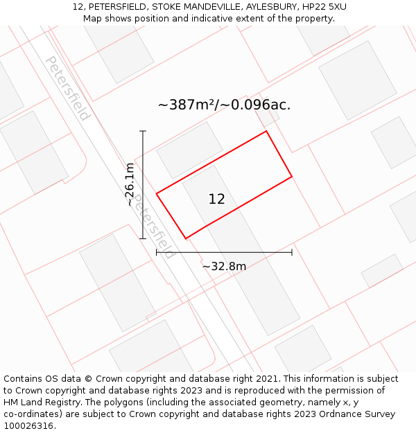 12, PETERSFIELD, STOKE MANDEVILLE, AYLESBURY, HP22 5XU: Plot and title map