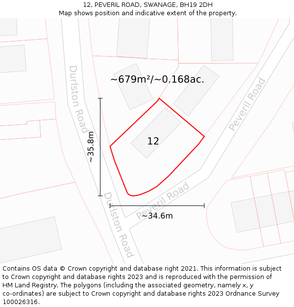 12, PEVERIL ROAD, SWANAGE, BH19 2DH: Plot and title map