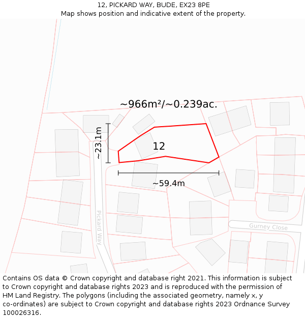 12, PICKARD WAY, BUDE, EX23 8PE: Plot and title map