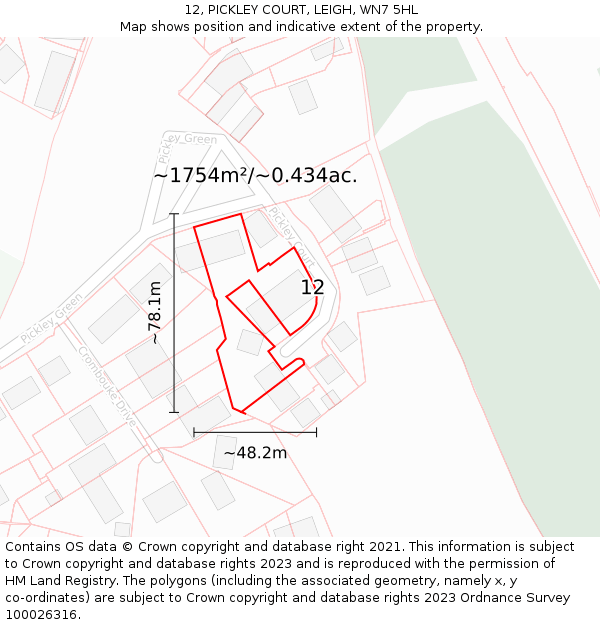 12, PICKLEY COURT, LEIGH, WN7 5HL: Plot and title map