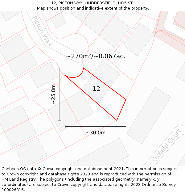 12, PICTON WAY, HUDDERSFIELD, HD5 9TL: Plot and title map