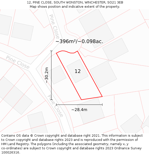 12, PINE CLOSE, SOUTH WONSTON, WINCHESTER, SO21 3EB: Plot and title map