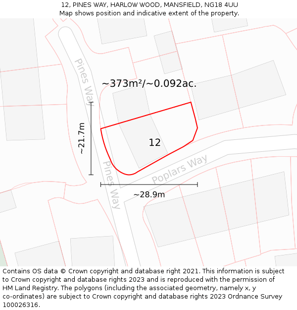 12, PINES WAY, HARLOW WOOD, MANSFIELD, NG18 4UU: Plot and title map