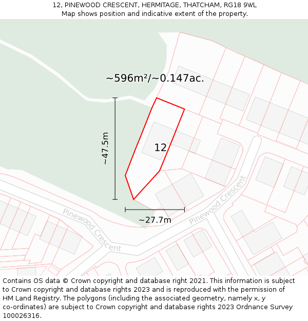 12, PINEWOOD CRESCENT, HERMITAGE, THATCHAM, RG18 9WL: Plot and title map