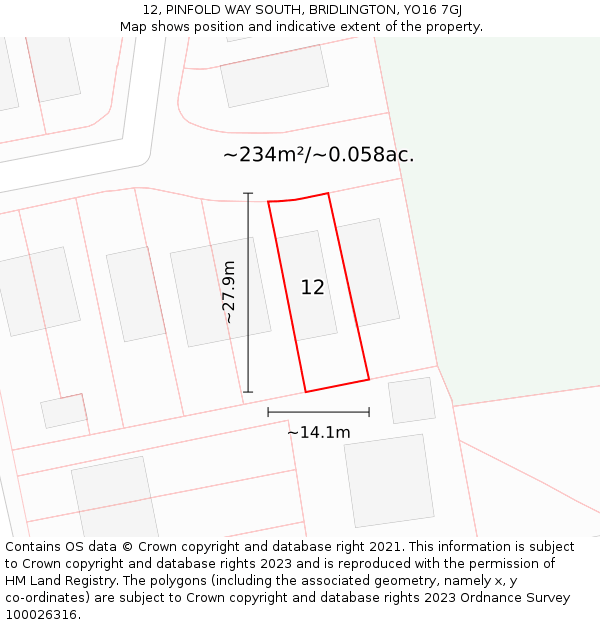 12, PINFOLD WAY SOUTH, BRIDLINGTON, YO16 7GJ: Plot and title map